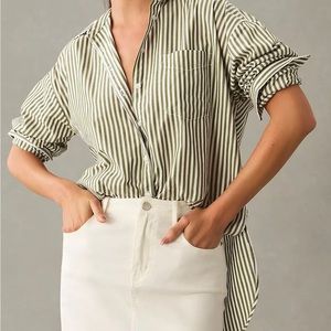Anthropologie Maeve Bennet Shirt in Green Motif Stripes PETITE